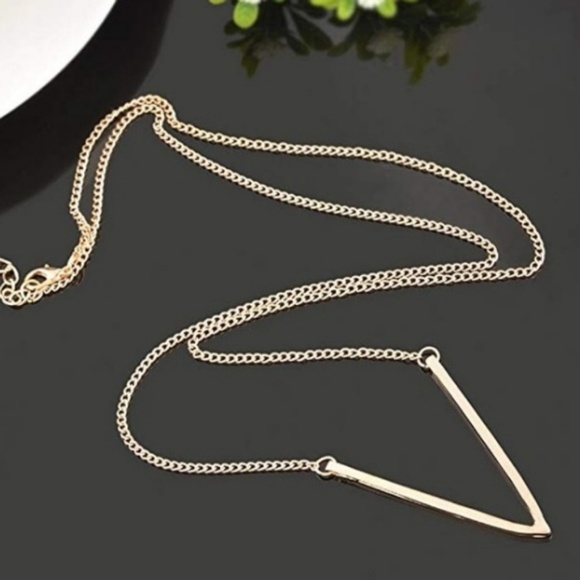 Geometric V Pendant Minimalist Gold Long Necklace - Picture 2 of 5